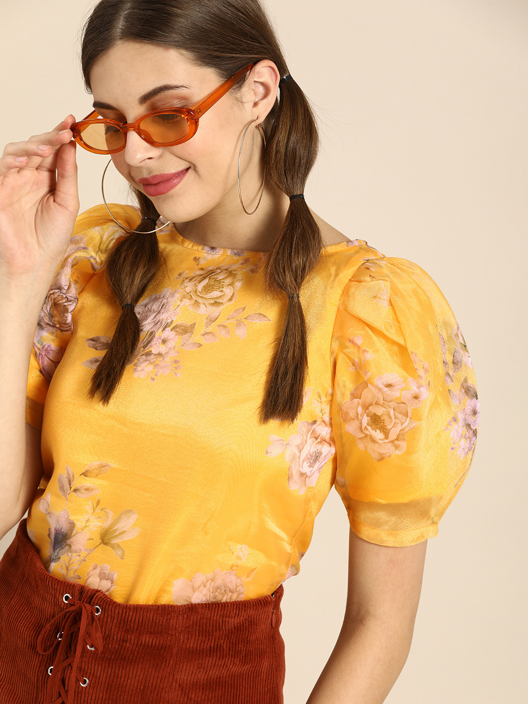 Athena Stunning Yellow Floral Printed Power Shoulders Top