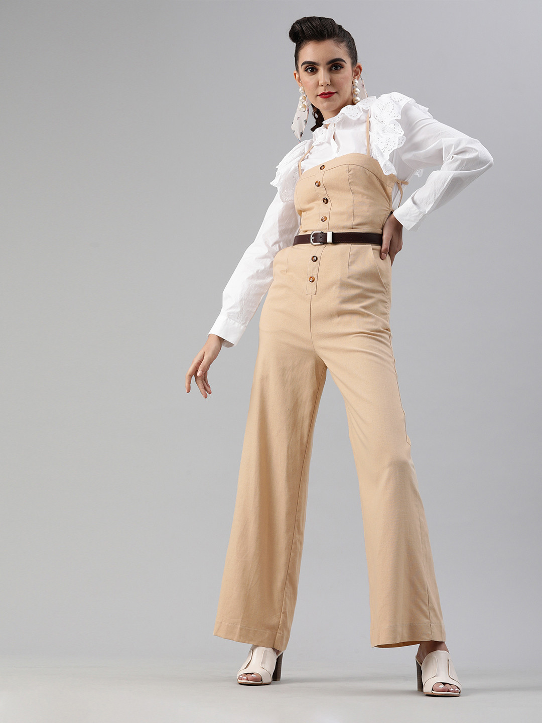 iki chic Women Khaki Brown Backless Criss Cross Wide Leg Jumpsuit