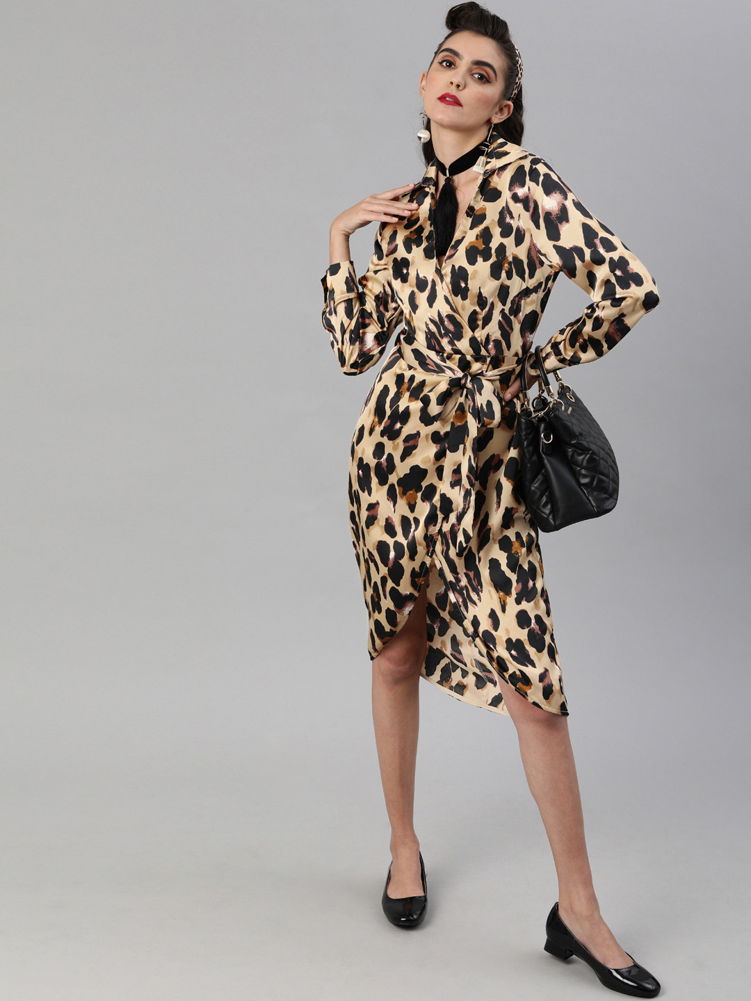 iki chic Women Gold-Coloured & Black Leopard Printed Wrap Dress