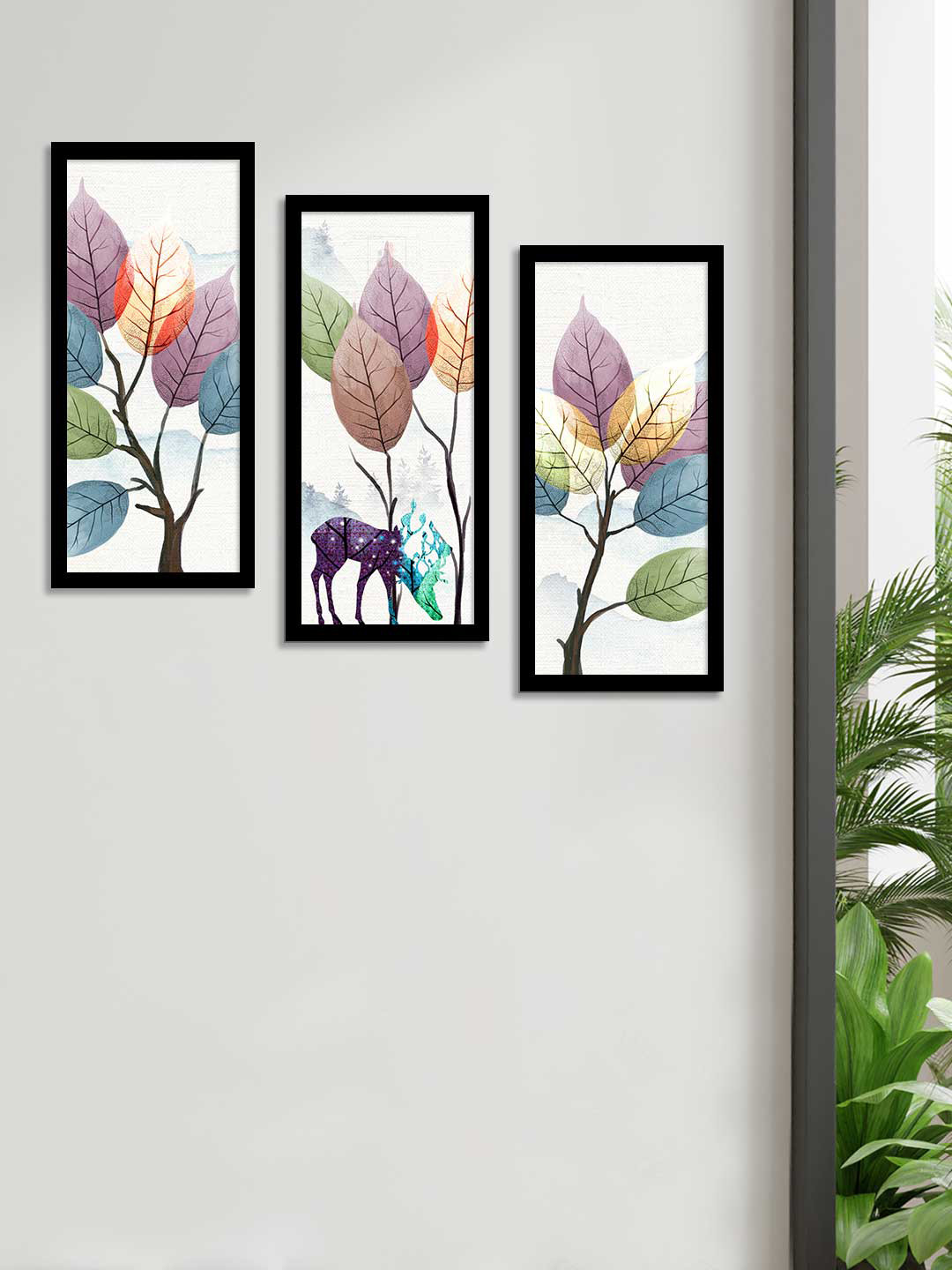 Art Street Set Of 3 Blue & White Leaves Theme Framed Paintings