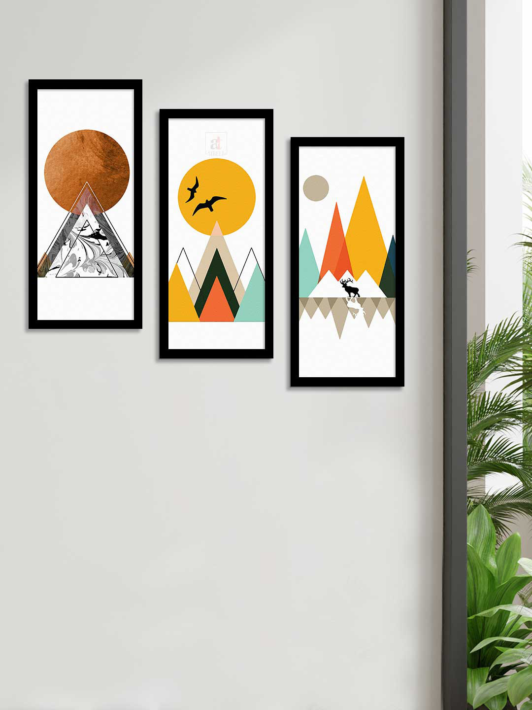 Art Street Set Of 3 White & Yellow Geometric Theme Framed Paintings