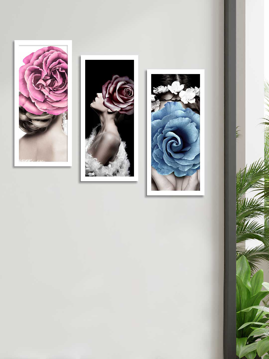 Art Street Set Of 3 Pink & Black Floral Theme Framed Paintings