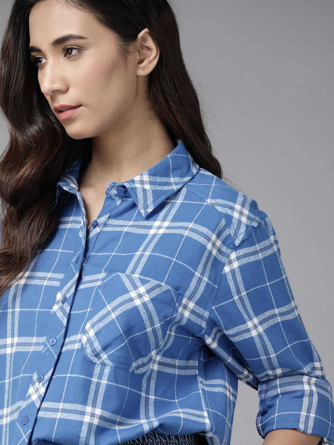 Roadster Women Blue & White  Cotton Tartan Check Casual Shirt