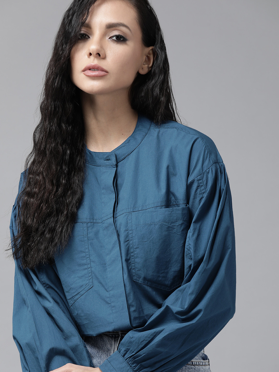 Roadster Women Teal Blue Pure Cotton Casual Shirt with Puff Sleeves