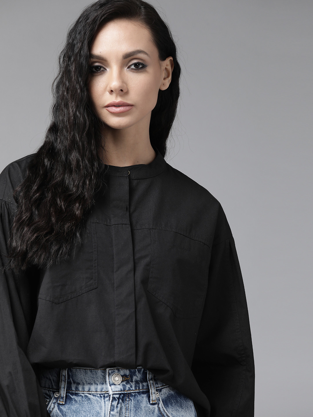 Roadster Women Black Solid Pure Cotton Casual Shirt with Puff Sleeves