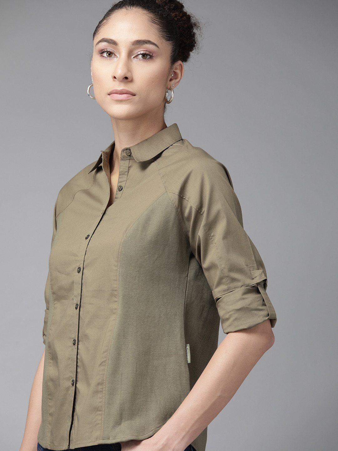 Roadster X DISCOVERY ADVENTURES Women Olive Green Shirt with Hidden Vents