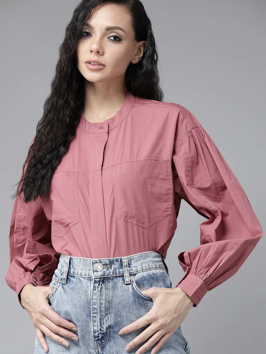 Roadster Women Pink Solid Pure Cotton Casual Shirt with Puff Sleeves
