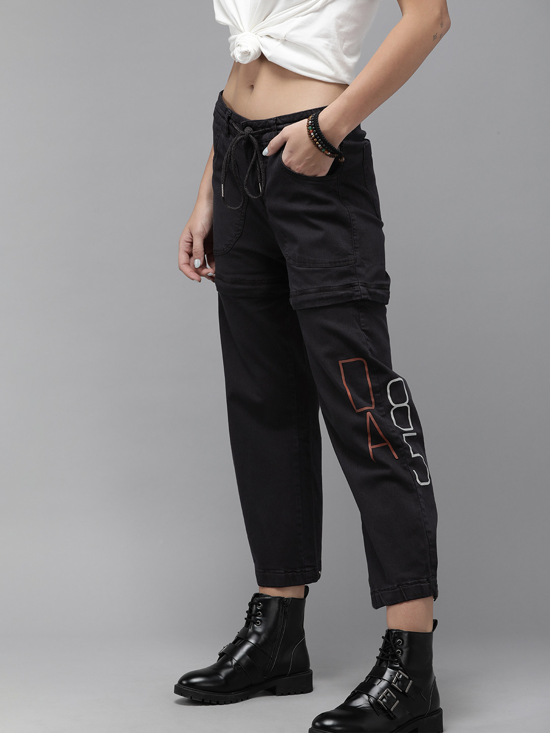 Roadster Women Black Solid Mid-Rise Convertible Joggers-Shorts