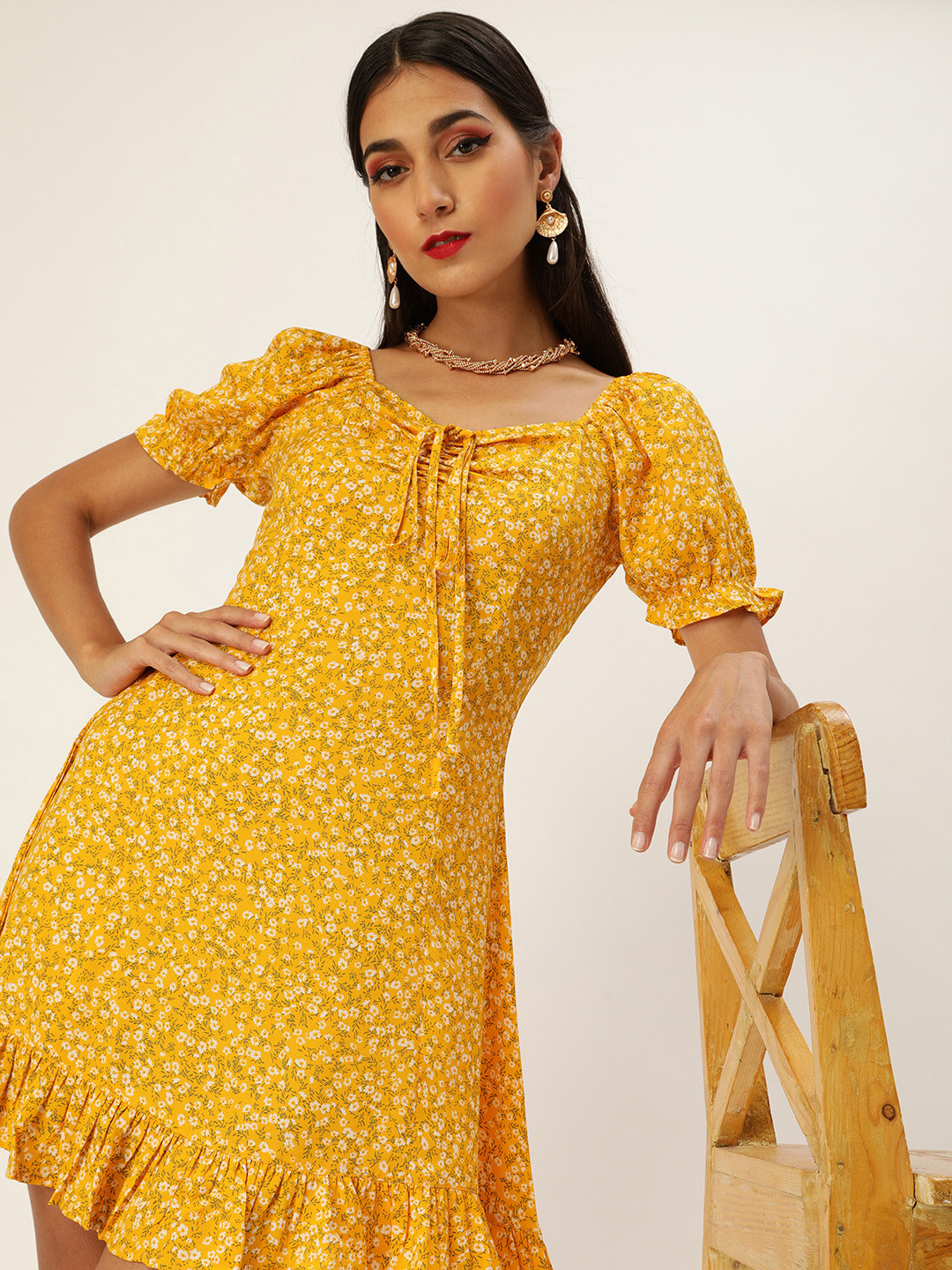 Berrylush Women Yellow & White Floral Printed Ruffled A-Line Dress with Tie-Up Detail