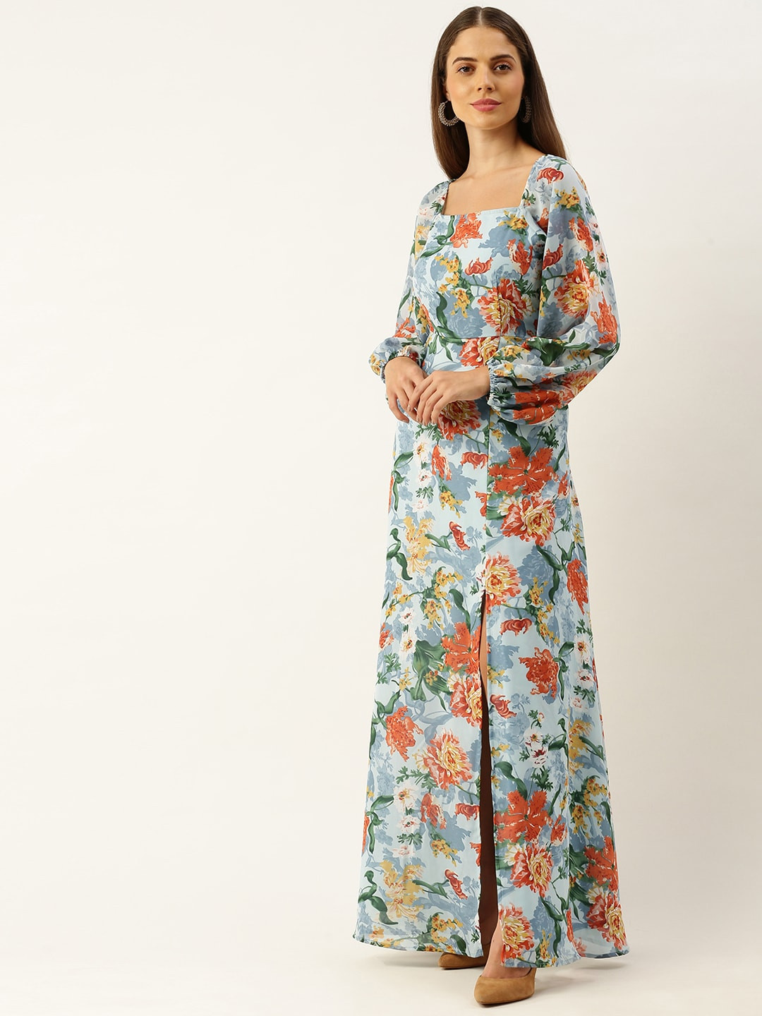 Berrylush Women Blue & Orange Printed Maxi Dress with High Slit Detail