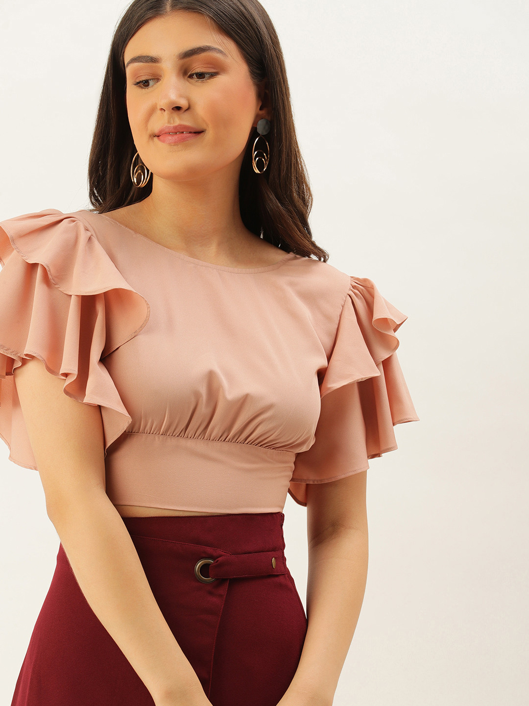 Berrylush Peach-Coloured Ruffles Styled Back Crop Top