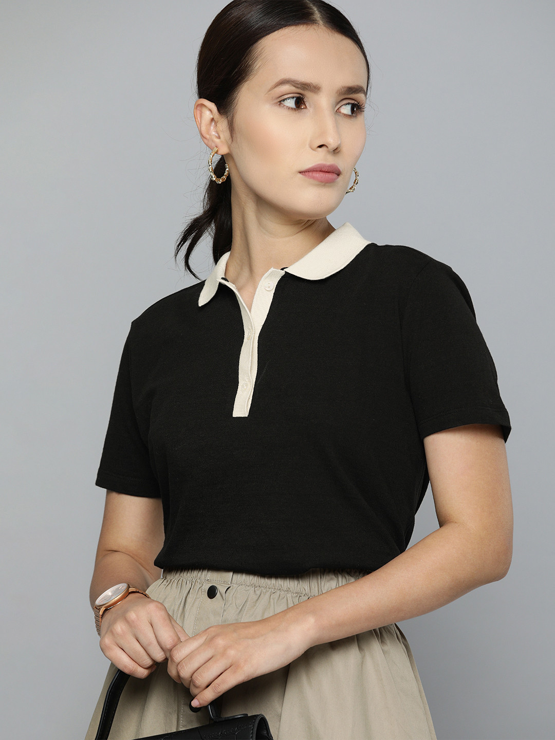 Chemistry Women Black Polo Collar T-shirt