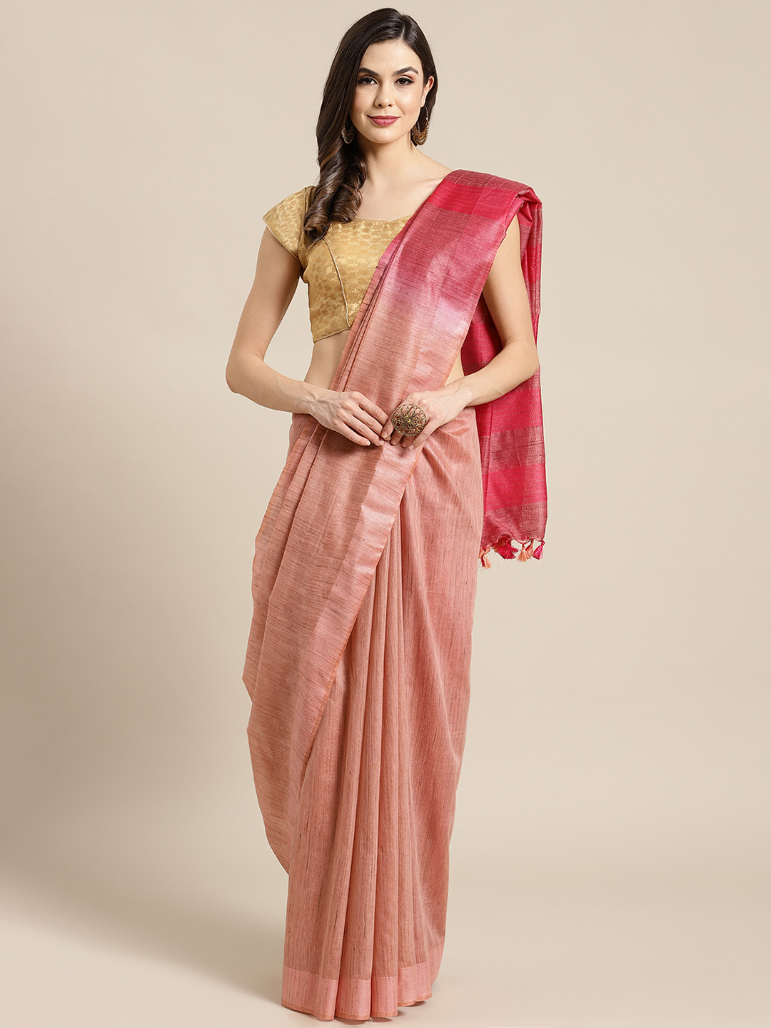 Kalakari India Peach-Coloured & Pink Silk Blend Woven Design Bhagalpuri Handloom Saree