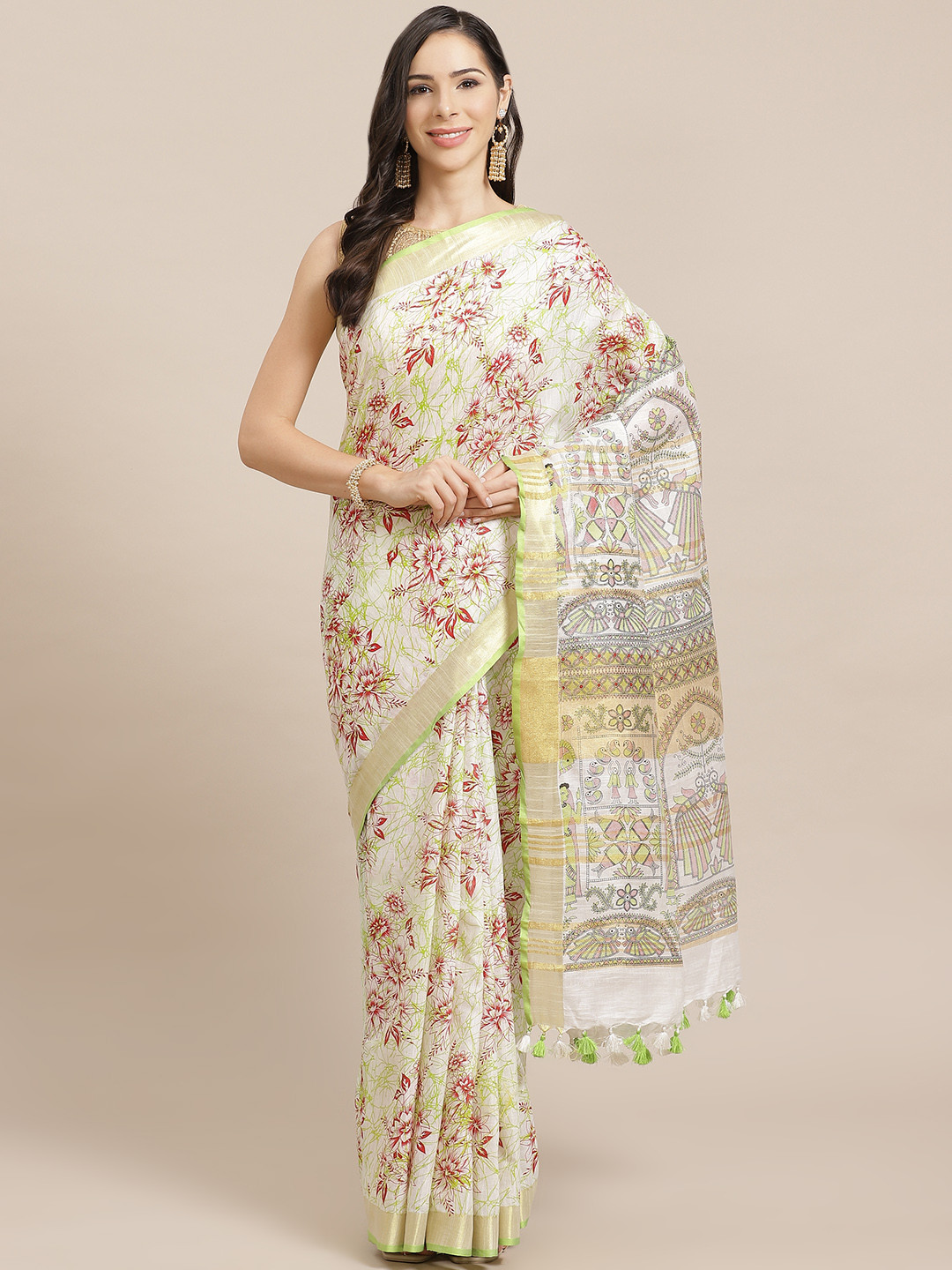Kalakari India Off-White & Green Kalamkari Print Handloom Bhagalpuri Saree