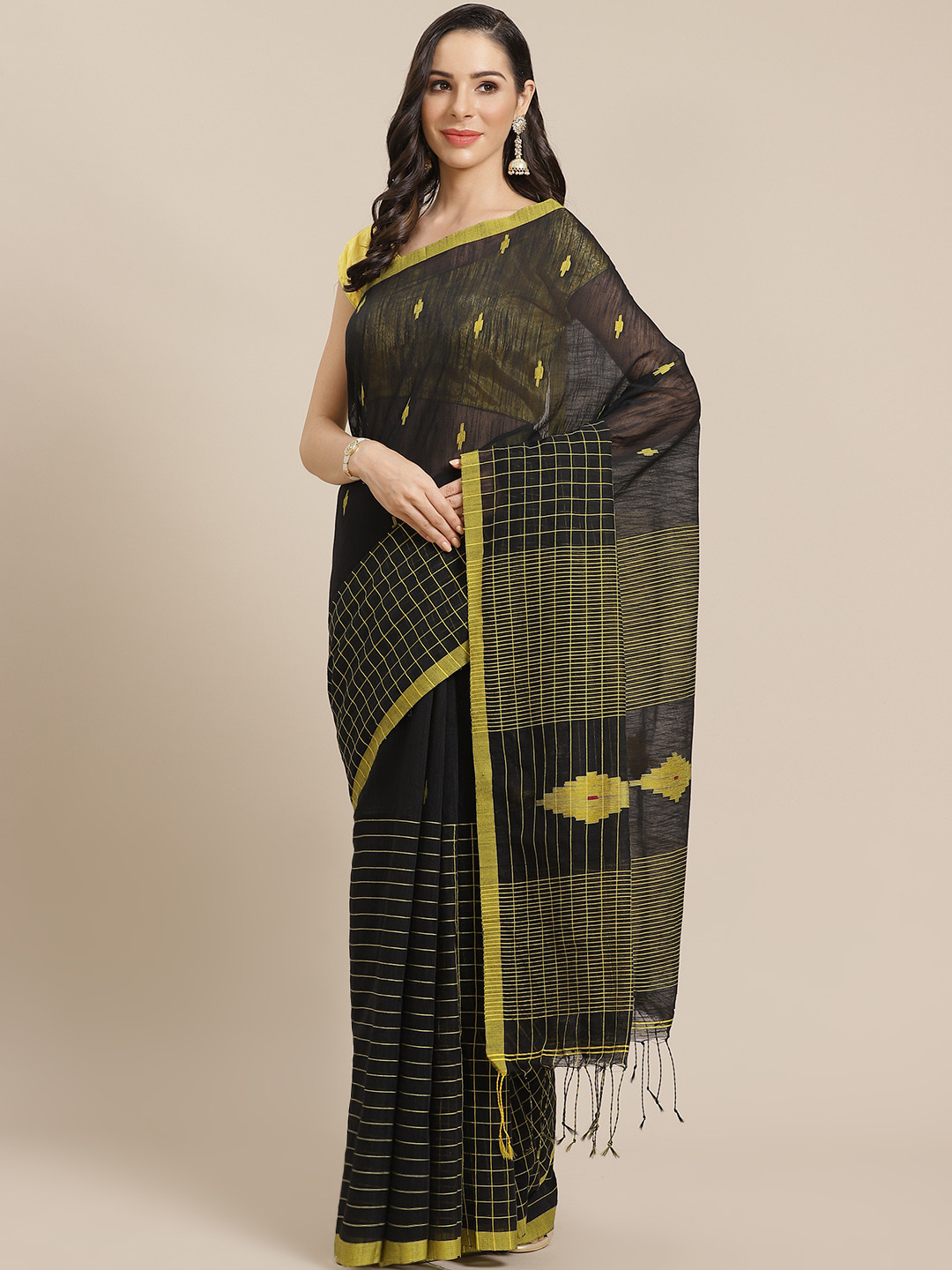 Kalakari India Black & Yellow Woven Design Ikat Handloom Saree