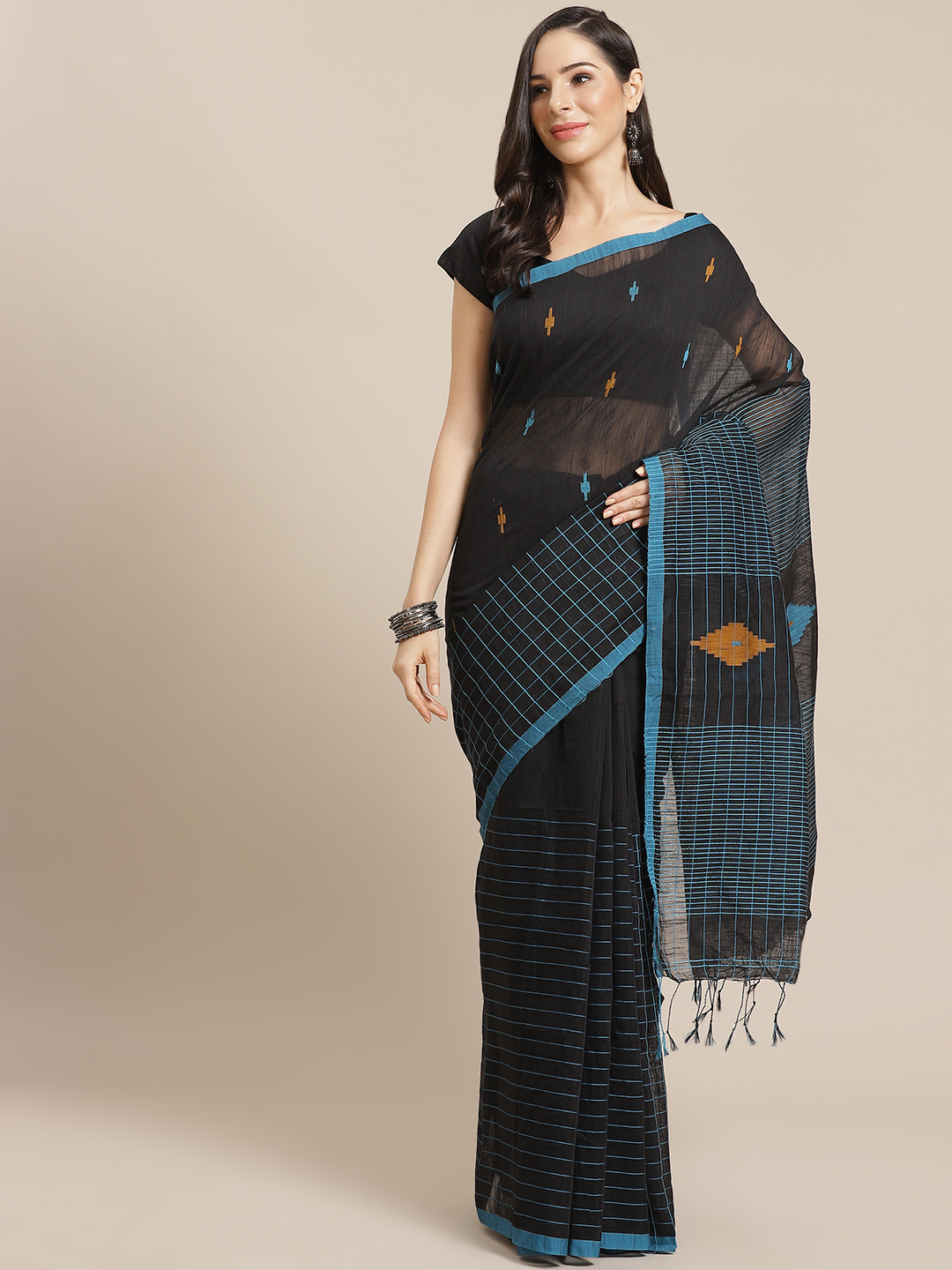 Kalakari India Black & Blue Silk Cotton Woven Design Ikat Saree