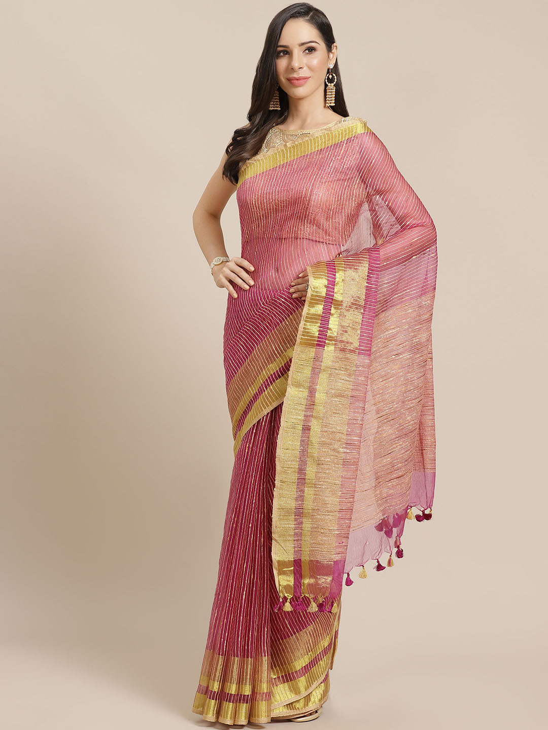 Kalakari India Magenta & Gold-Toned Jute Silk Striped Bhagalpuri Saree