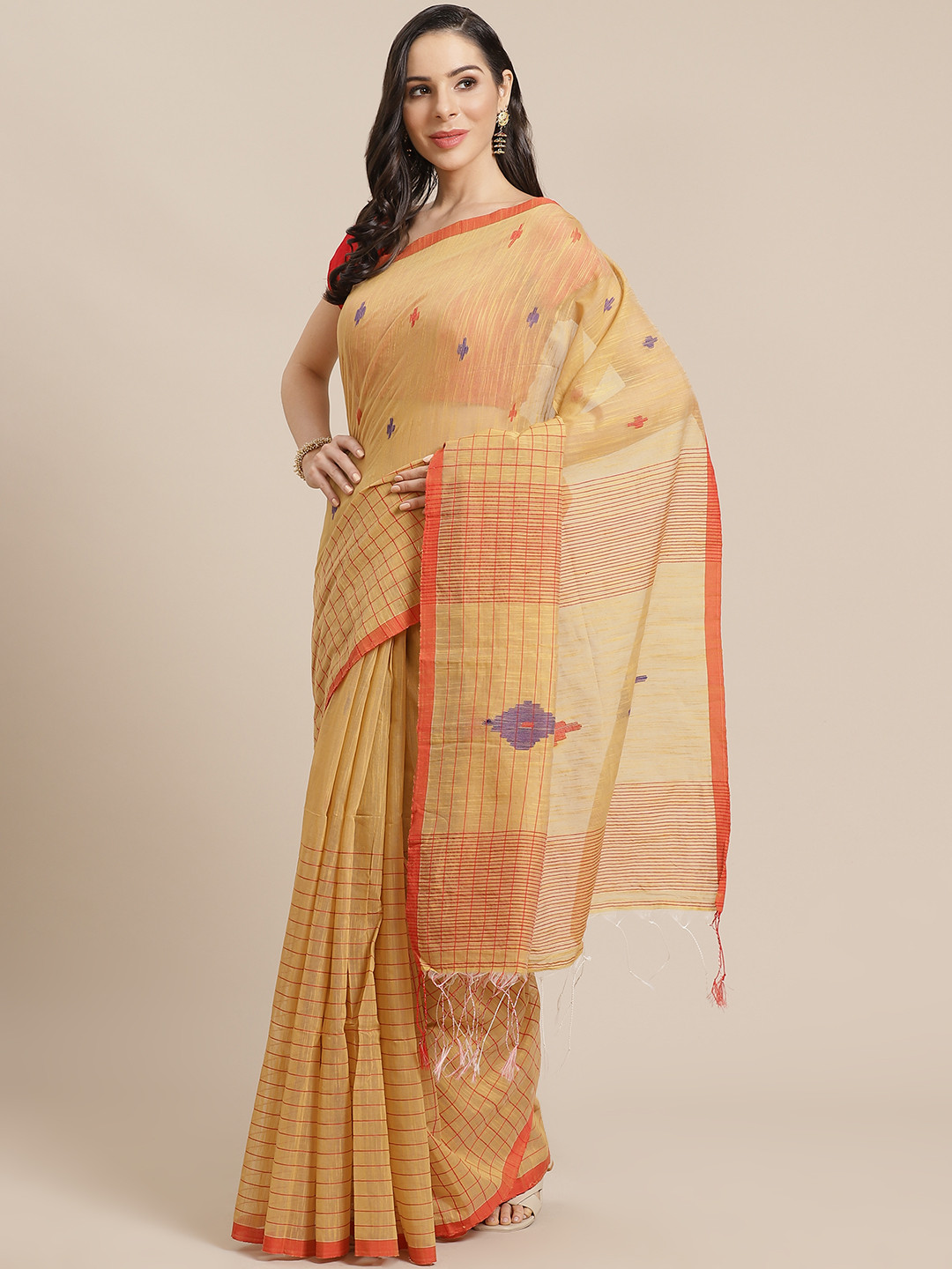 Kalakari India Beige & Red Woven Design Ikat Handloom Saree