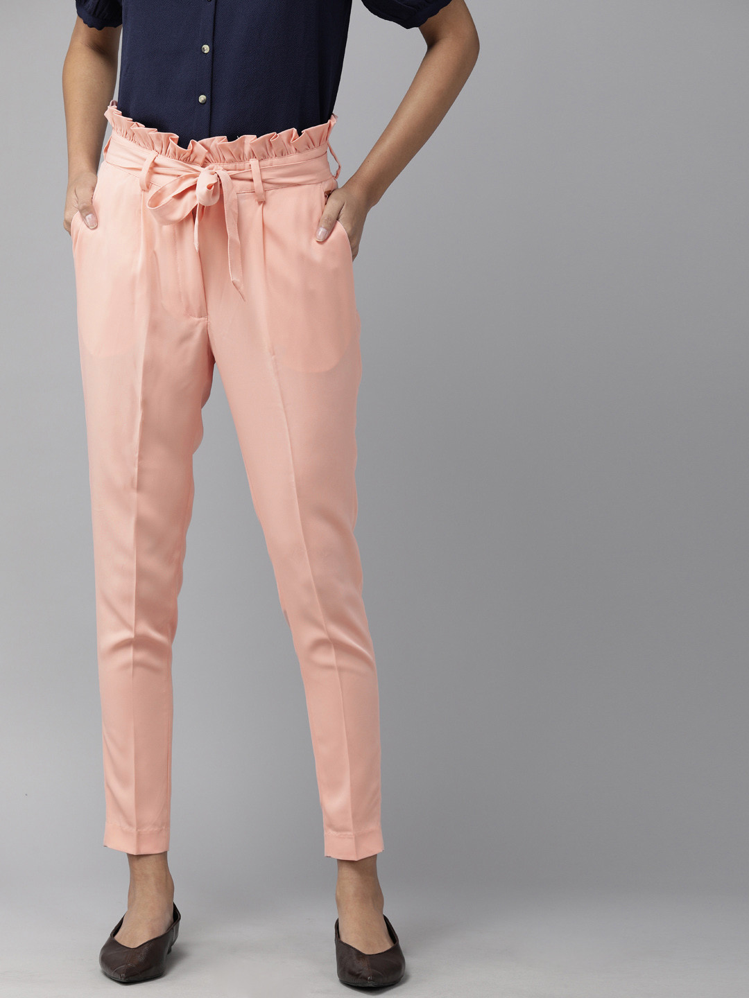 Park Avenue Women Peach-Coloured Tapered Fit Solid Peg Trousers