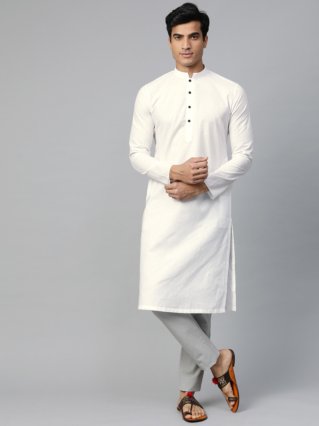Manthan Men White Ethnic Motif Printed Mandarin Collar Straight kurta