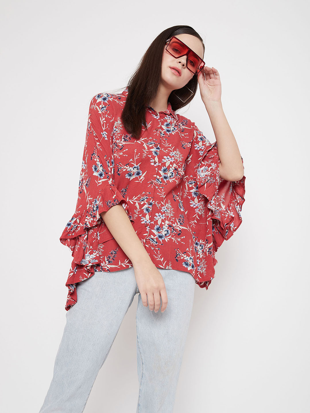 Crimsoune Club Red Floral Printed Flared Sleeves Shirt Style Top