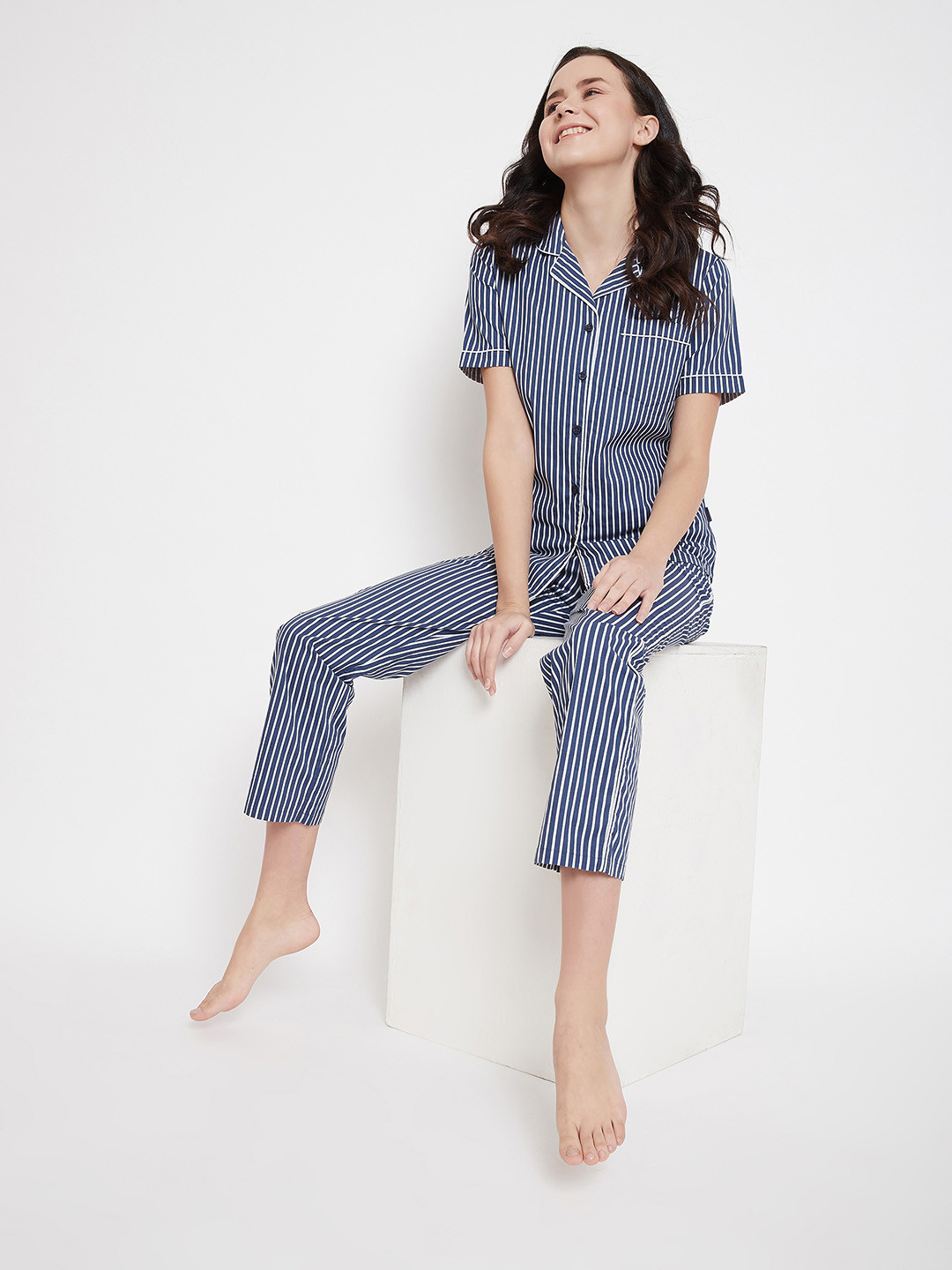 Crimsoune Club Women Blue & White Striped Night suit