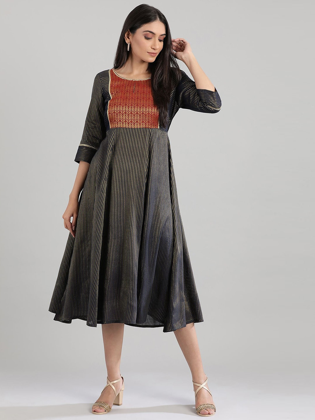 AURELIA Women Navy Blue Striped A-Line Ethnic Dress