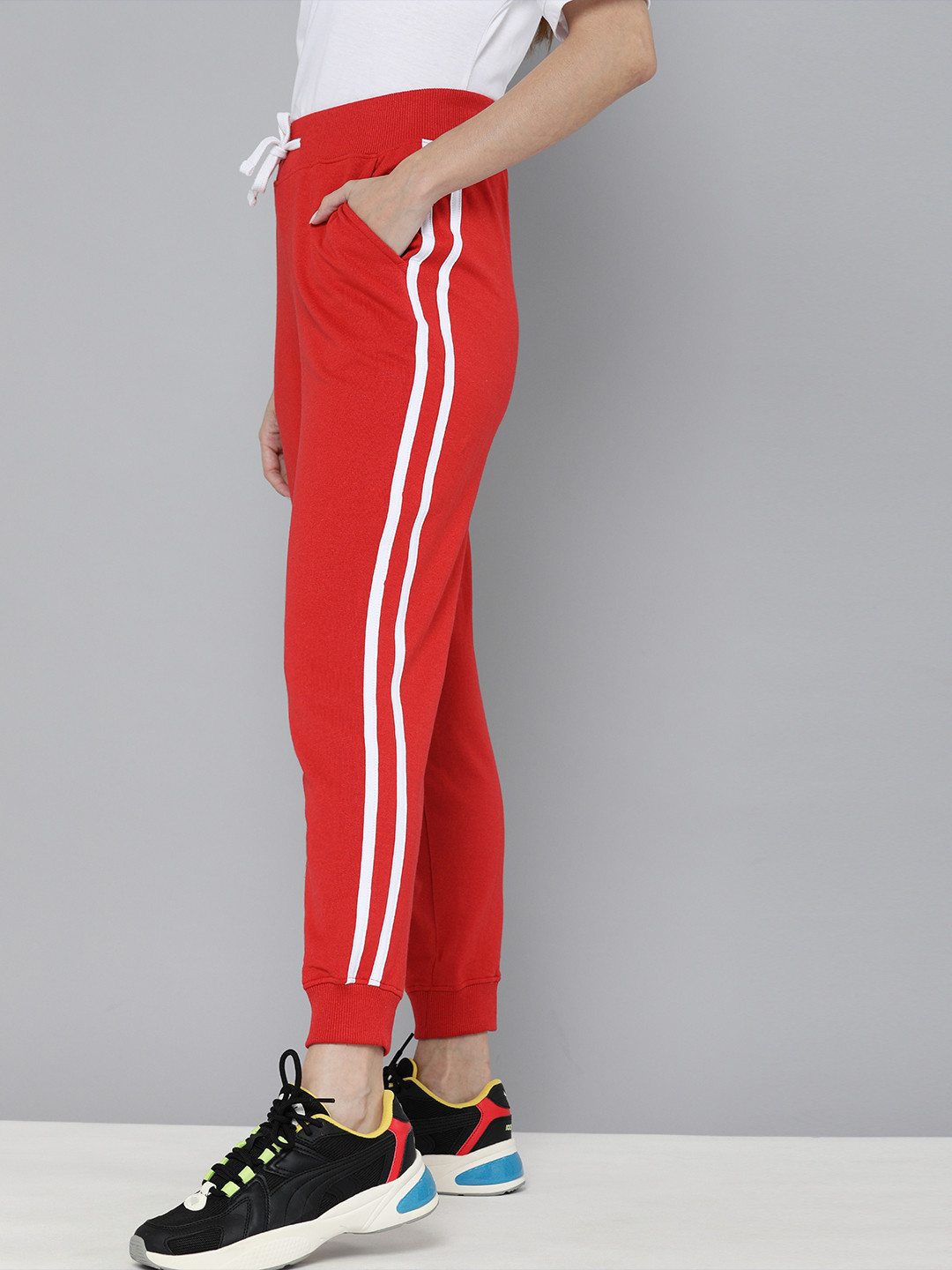 Kook N Keech Women Red & White Solid Joggers with Side Striped Detail