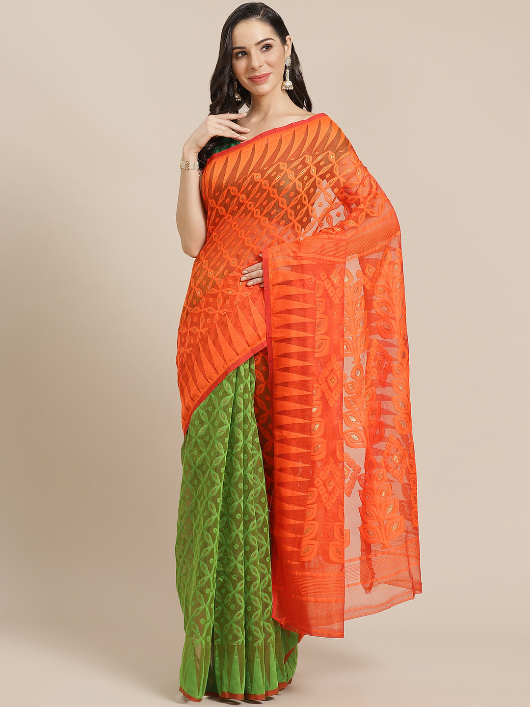 Kalakari India Orange & Green Woven Design Jamdani Handloom Saree
