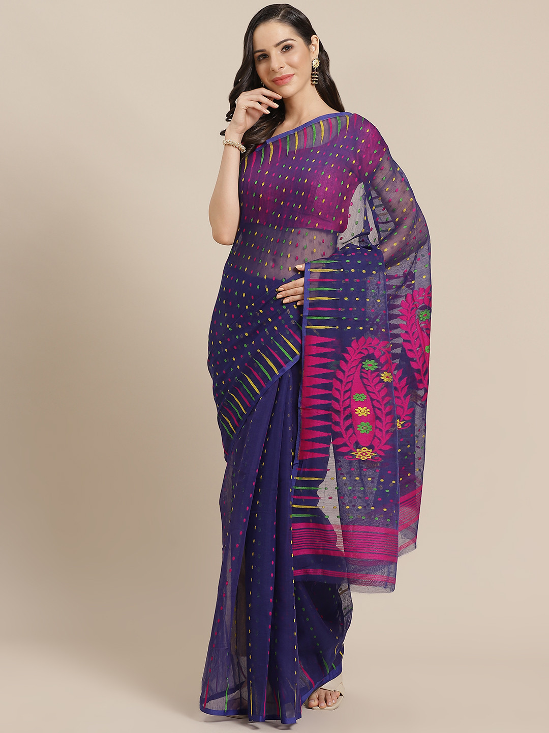 Kalakari India Navy Blue & Pink Woven Design Jamdani Handloom Saree