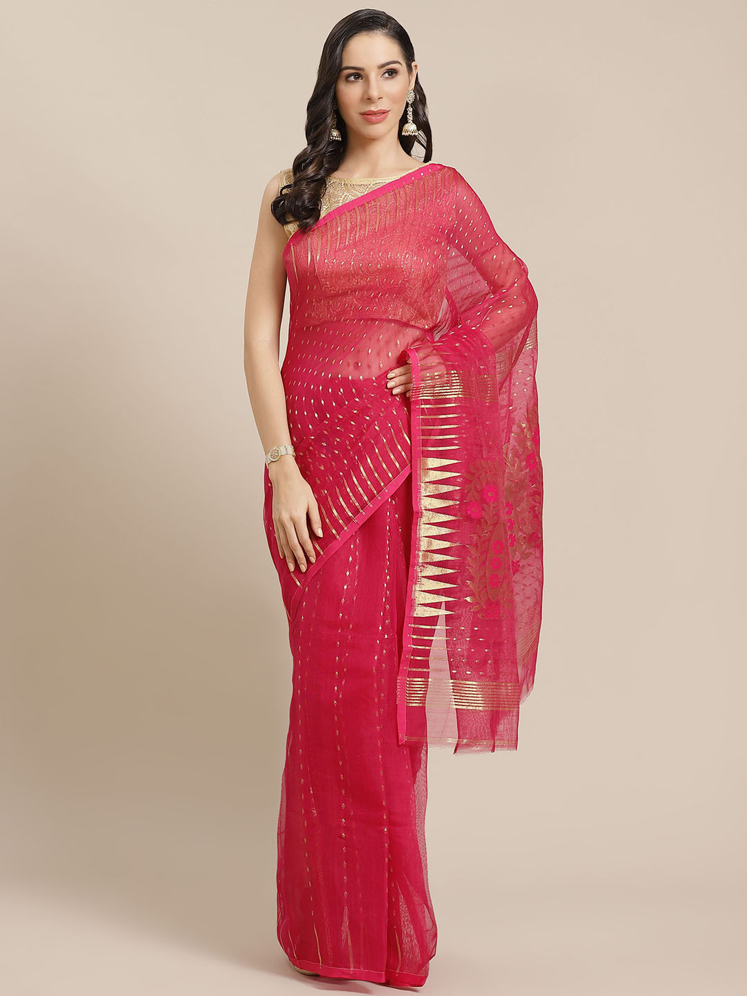 Kalakari India Pink & Golden Woven Design Jamdani Handloom Saree