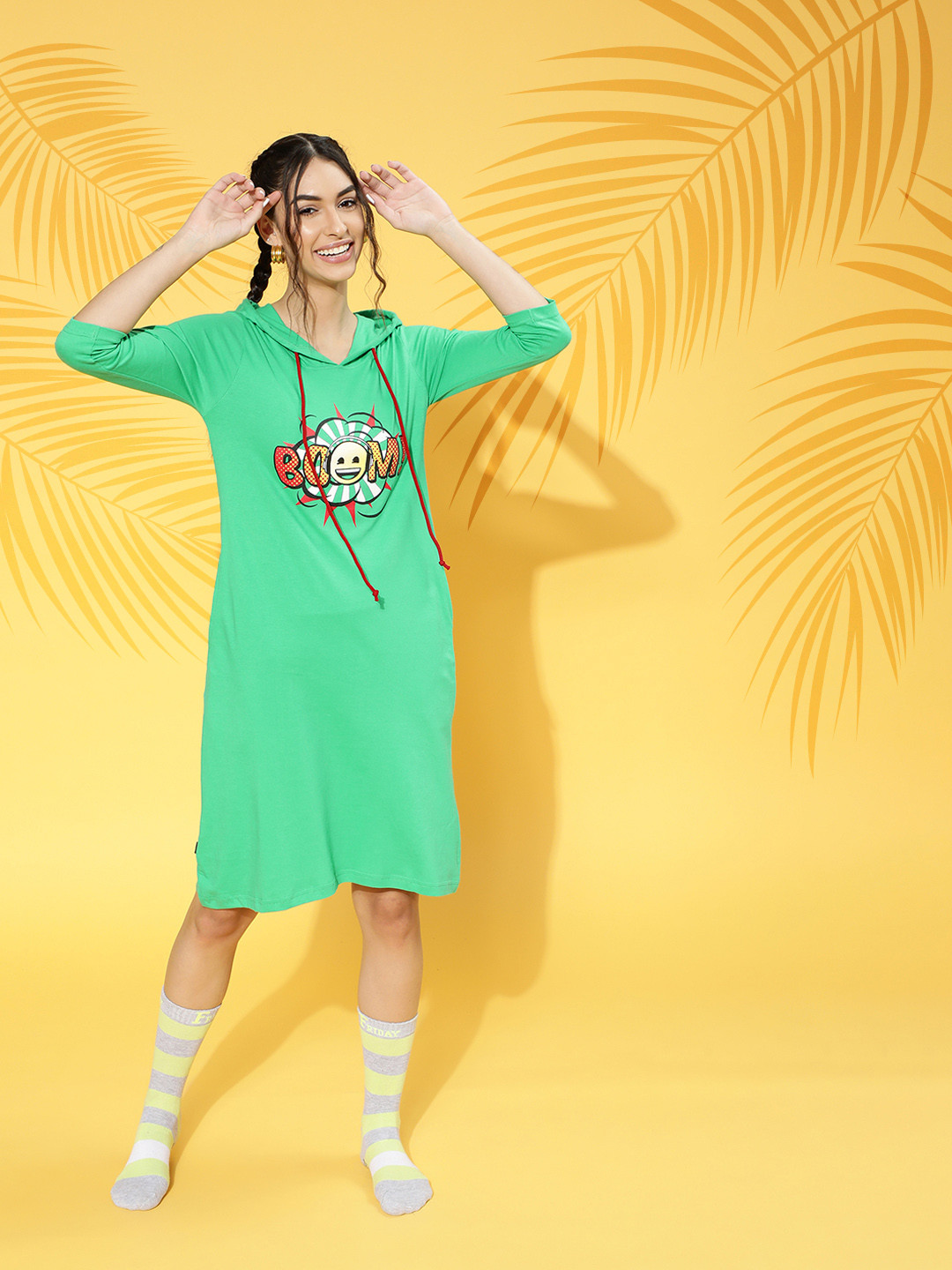 Clovia Women Sea Green & Yellow Printed Hooded Nightdress