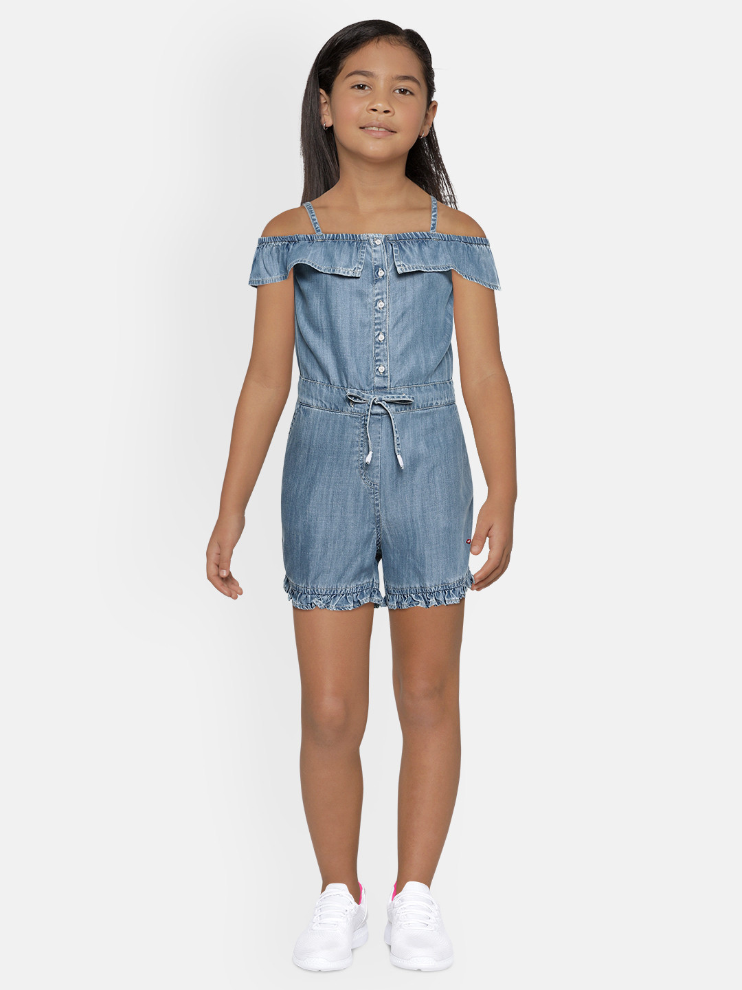Lee Cooper Girls Blue Solid Tie-up Denim Playsuit