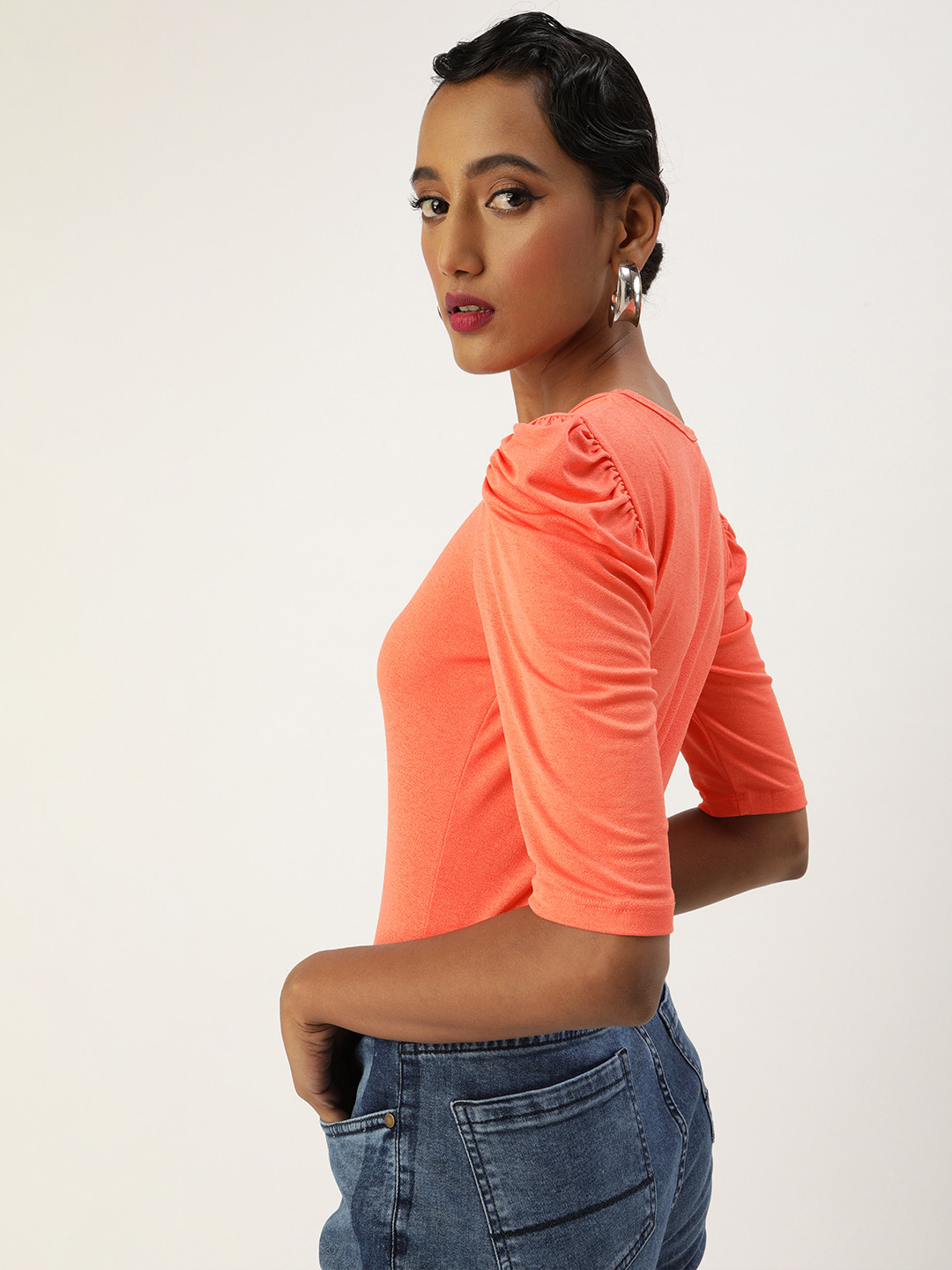 Veni Vidi Vici Coral Orange Puff Sleeves Regular Top