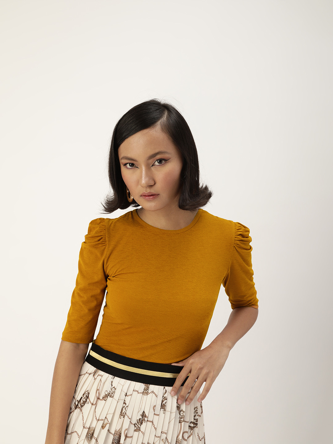 Veni Vidi Vici Charming Mustard Yellow Power Shoulders Top