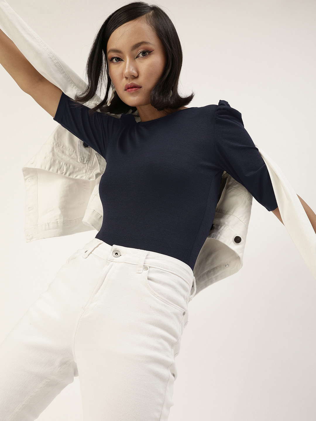 Veni Vidi Vici Navy Blue Power Shoulders Top