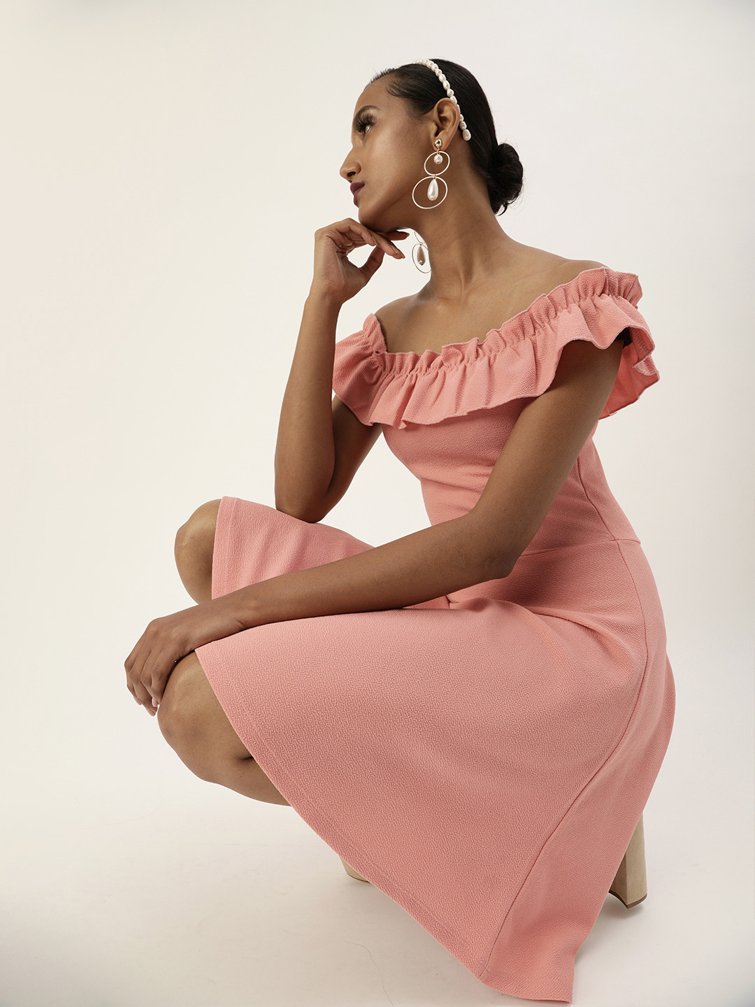 Veni Vidi Vici Elegant Coral Ruffled Off-Shoulder Fit and Flare Dress