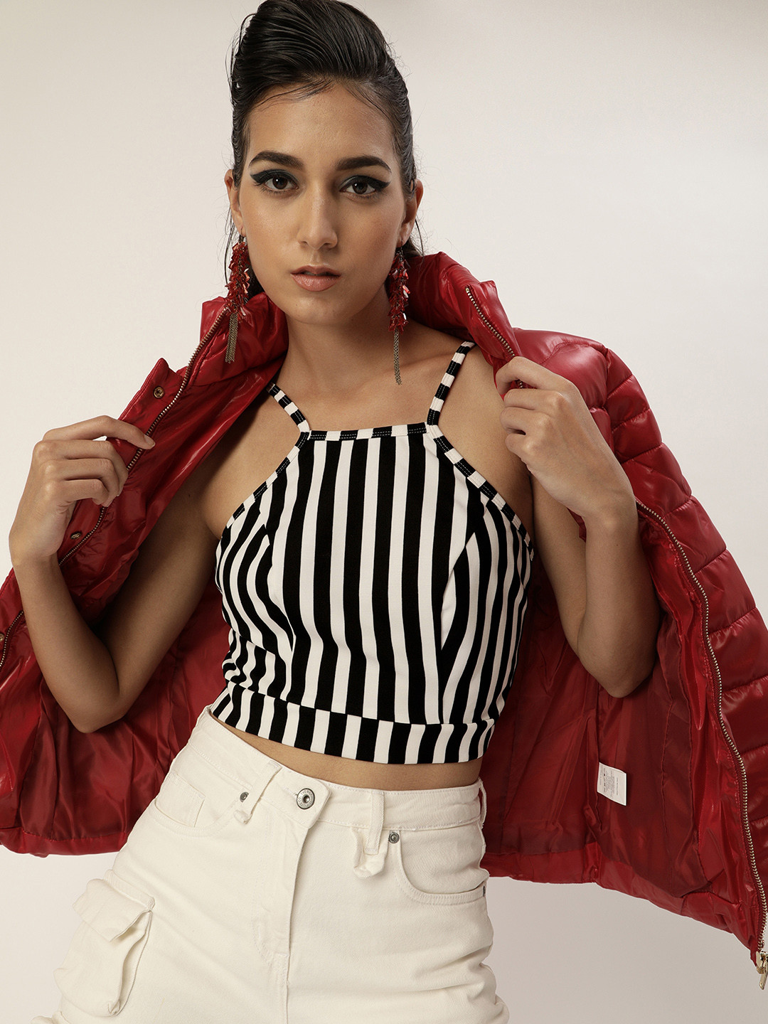 Veni Vidi Vici Attractive Black and White Striped Tie-Up Crop Top