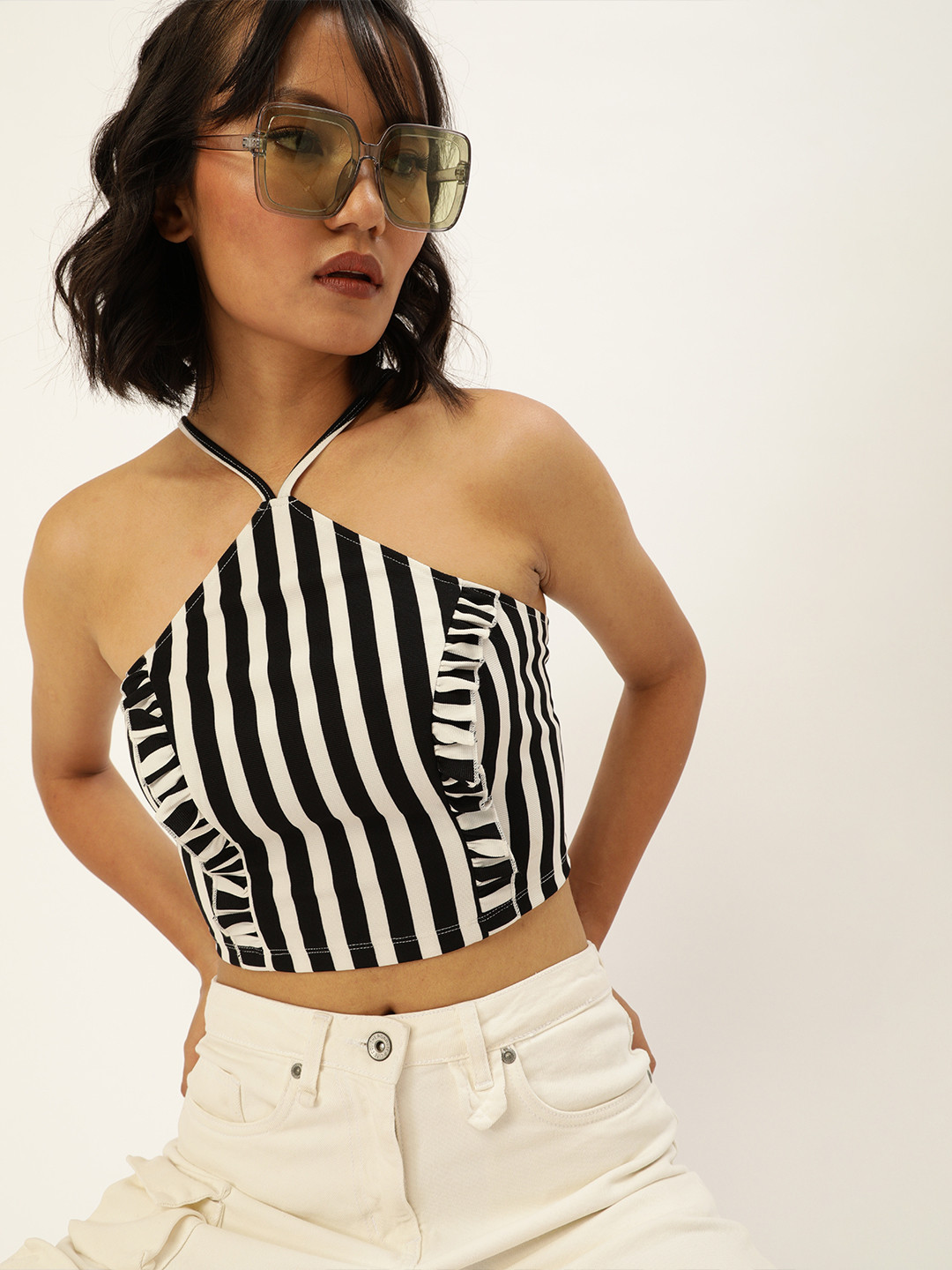 Veni Vidi Vici Catchy White and Black Striped Ruffled Tie-Up Crop Top