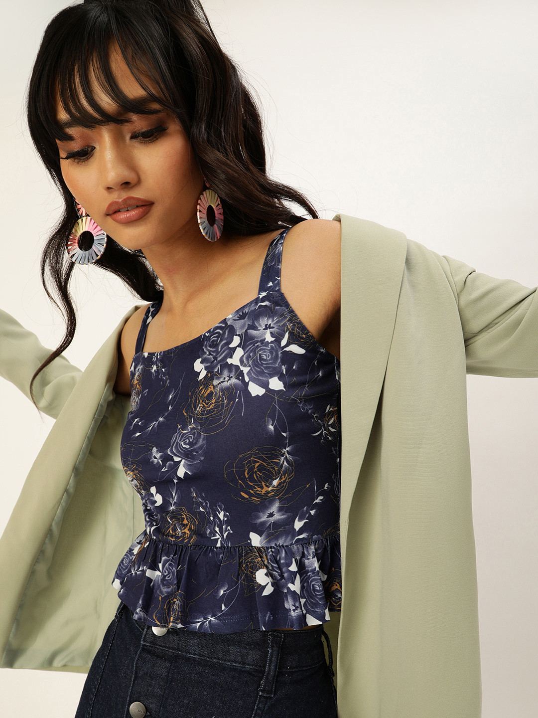 Veni Vidi Vici Navy Blue & White Floral Printed A-Line Pleated Crop Top