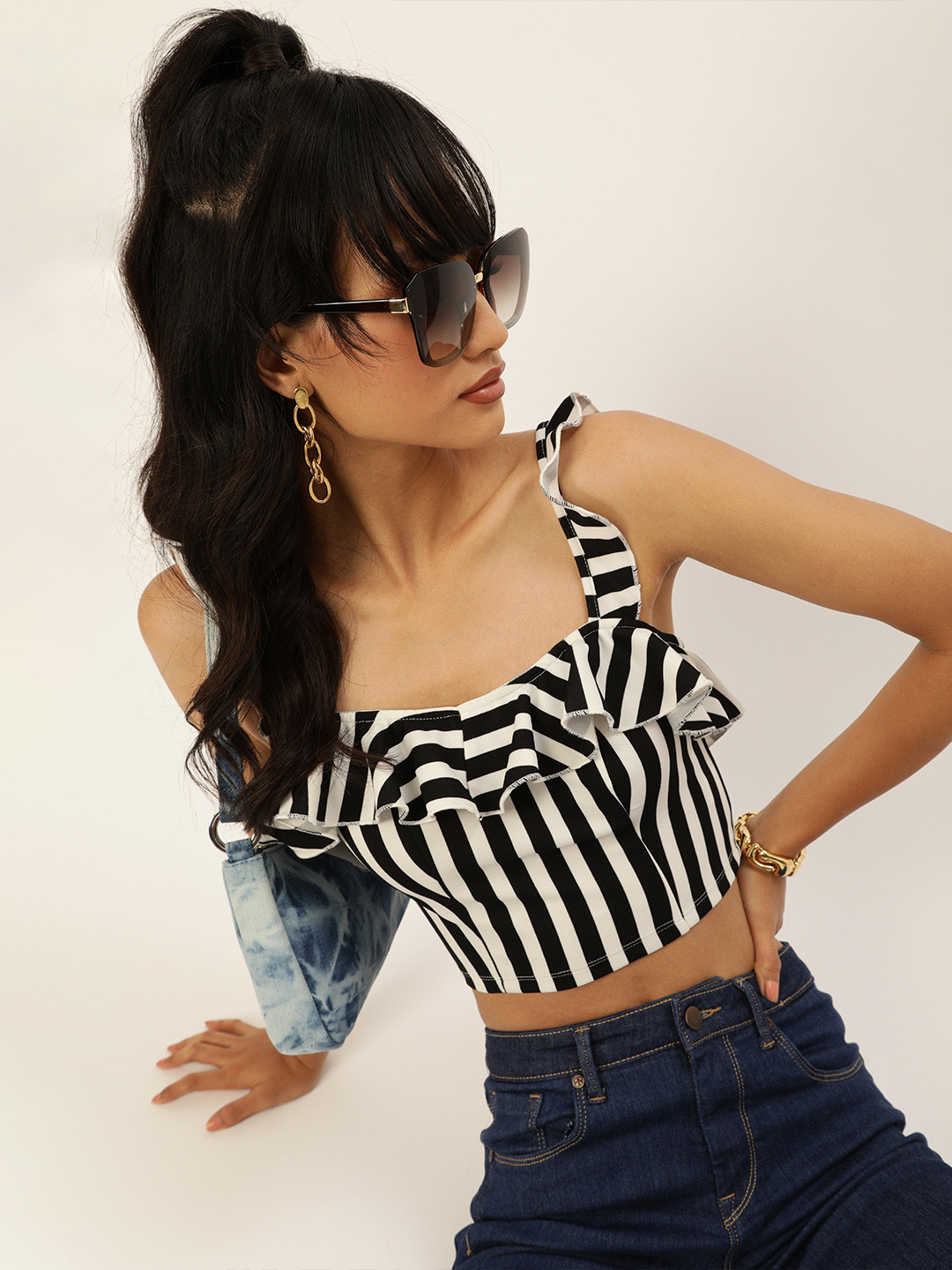 Veni Vidi Vici Alluring White and Black Striped Ruffled Tie-Up Crop Top
