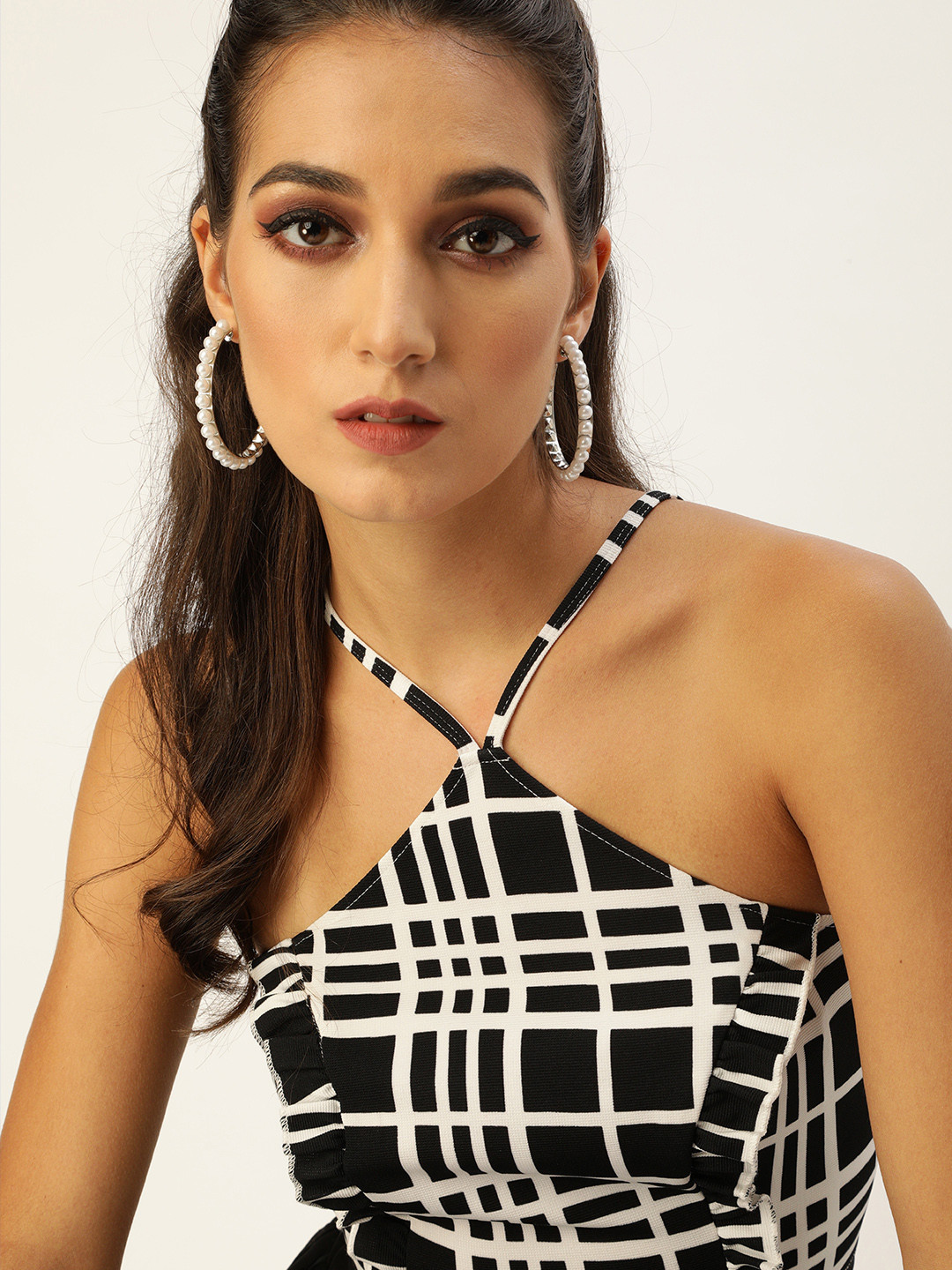 Veni Vidi Vici Black and White Checked Ruffled Crop Top