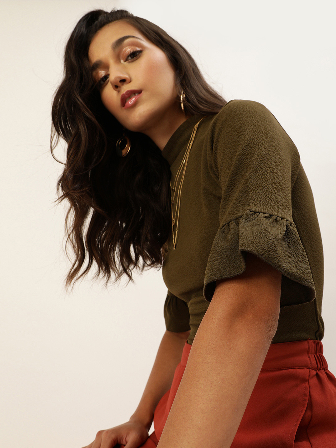 Veni Vidi Vici Striking Olive Green High-Neck Ruffled Bell Sleeves Top