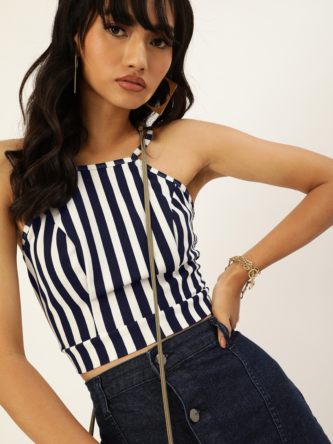 Veni Vidi Vici Navy Blue & White Striped Tie-Up Back Fitted Crop Top