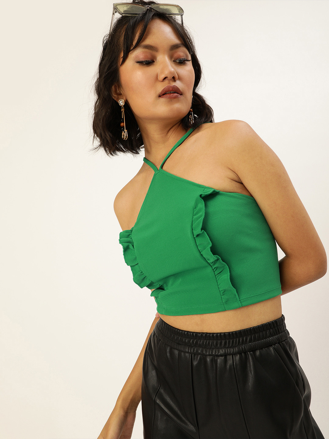Veni Vidi Vici Green Ruffled Styled Back Crop Top