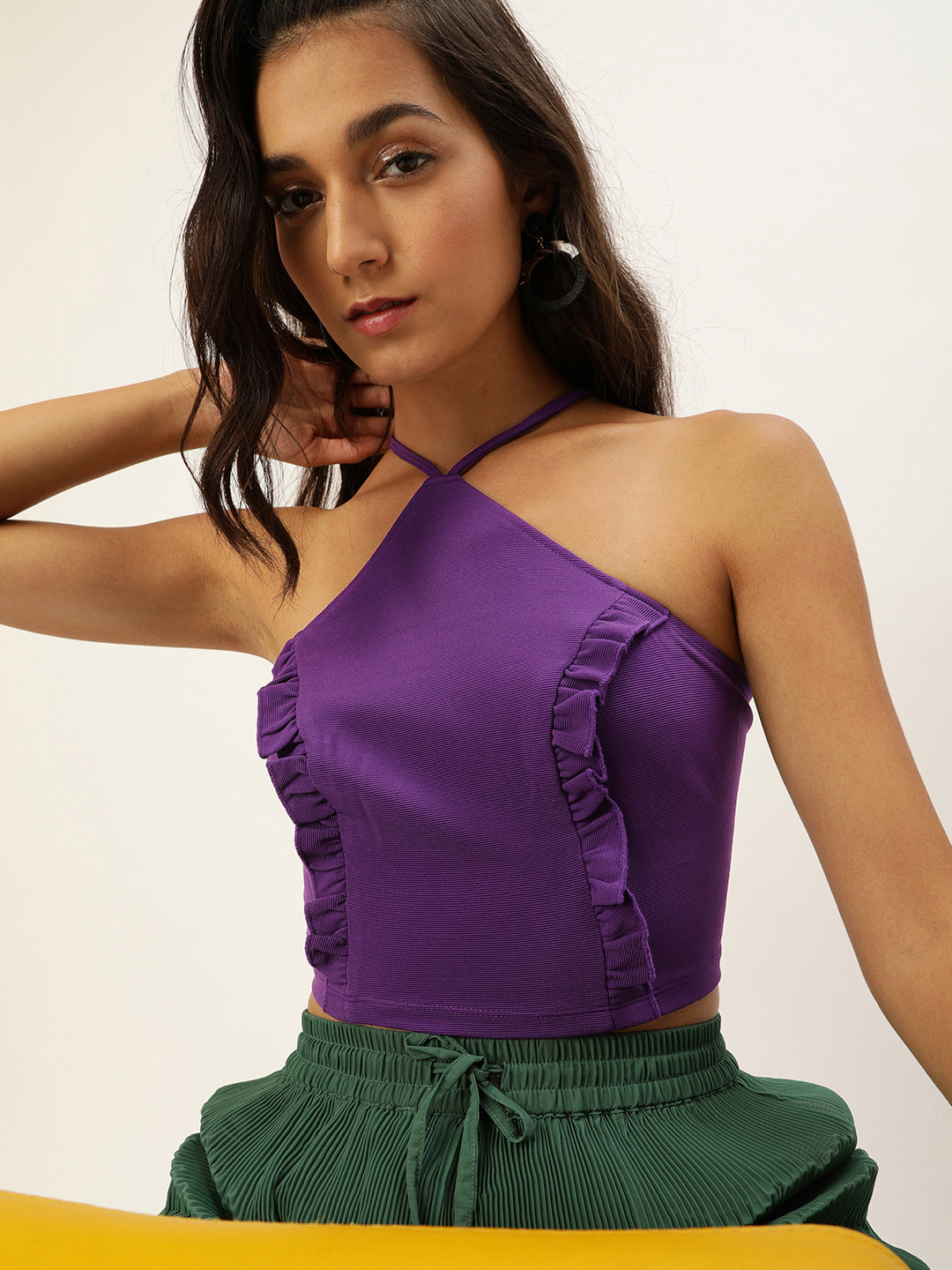 Veni Vidi Vici Purple Solid Fitted Crop Top