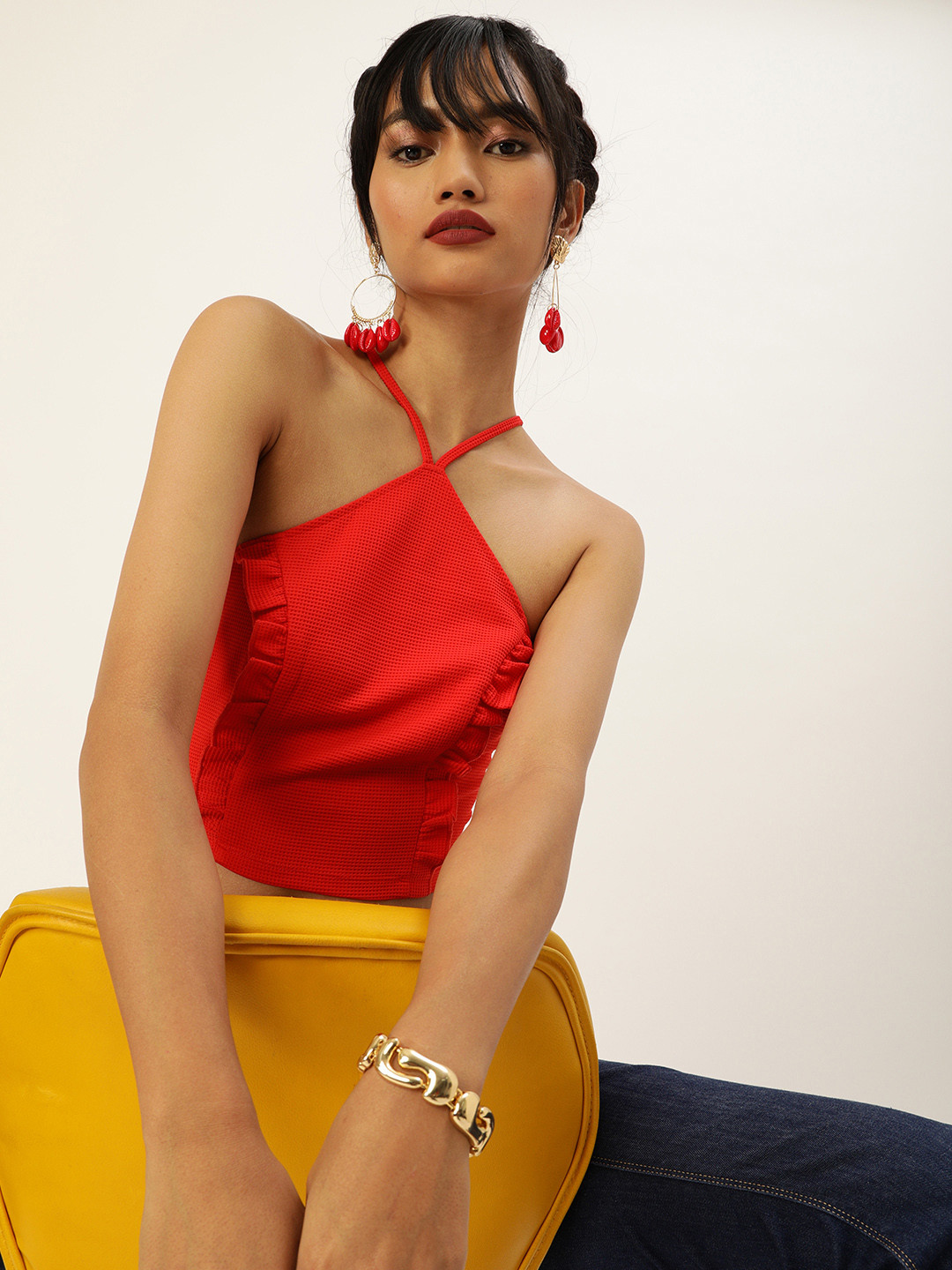 Veni Vidi Vici Women Red Self-designed Styled Lace up Back Crop Top