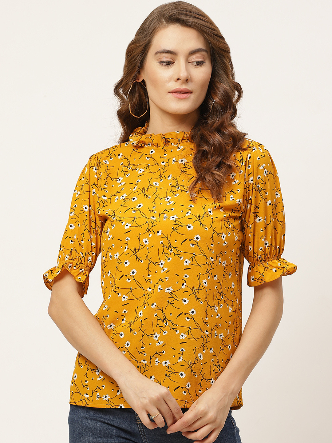One Femme Mustard Yellow & Black Floral Printed Puff Sleeves Regular Top