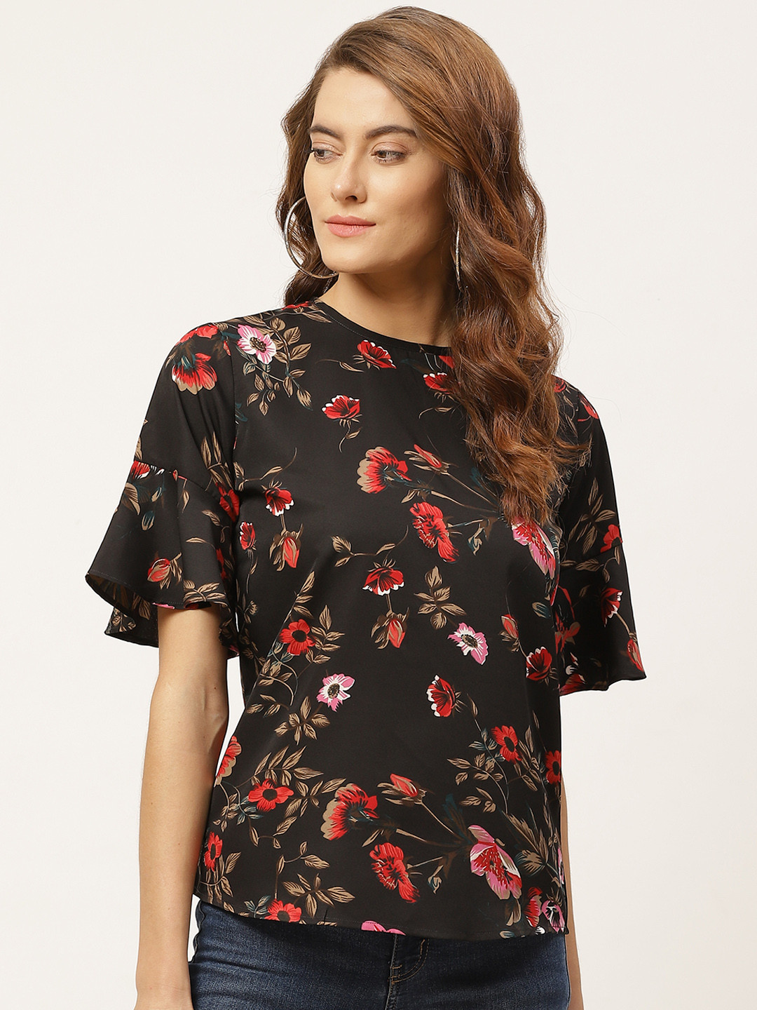 One Femme Black & Red Floral Printed Bell Sleeves Crepe Regular Top