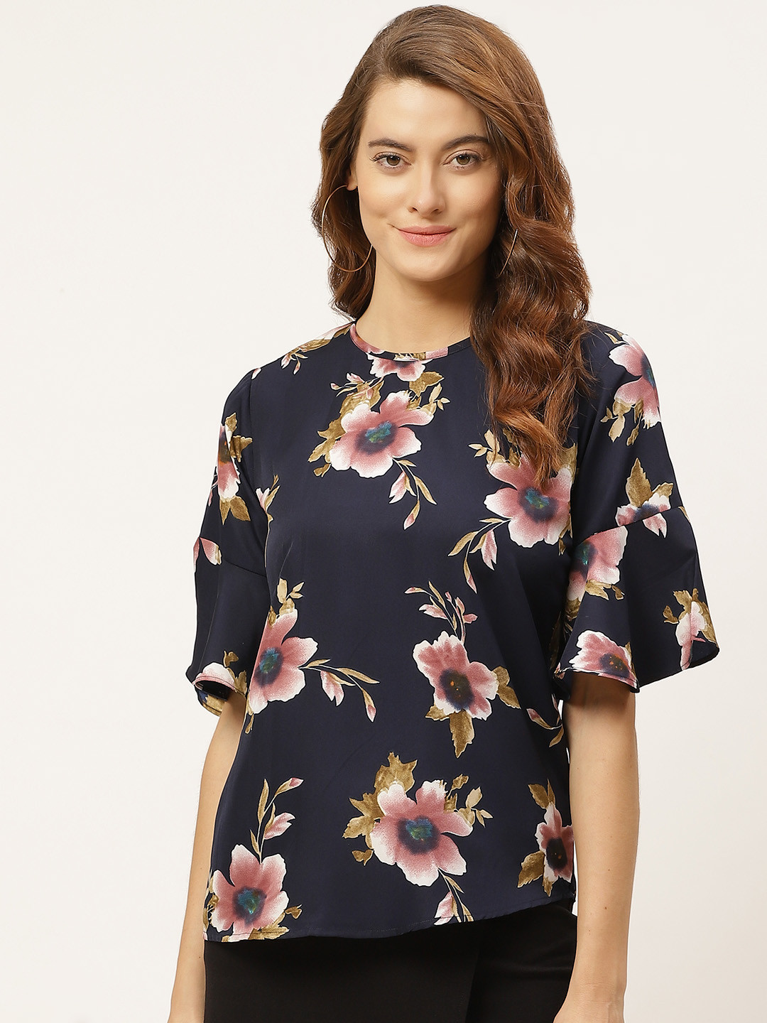 One Femme Navy Blue & Green Floral Printed Bell Sleeves Crepe Regular Top